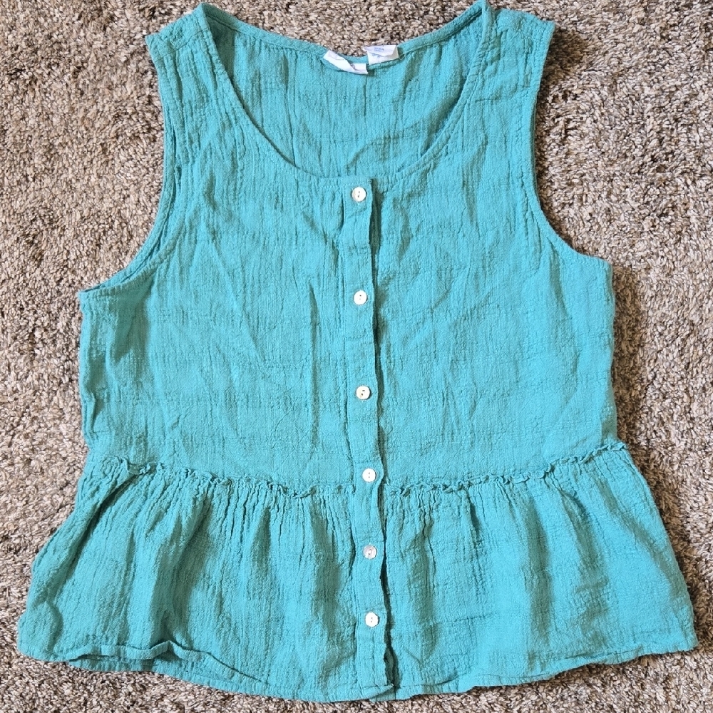 Sigrid Olsen Turquoise Sleeveless Peplum Blouse With Shell Buttons Size Large